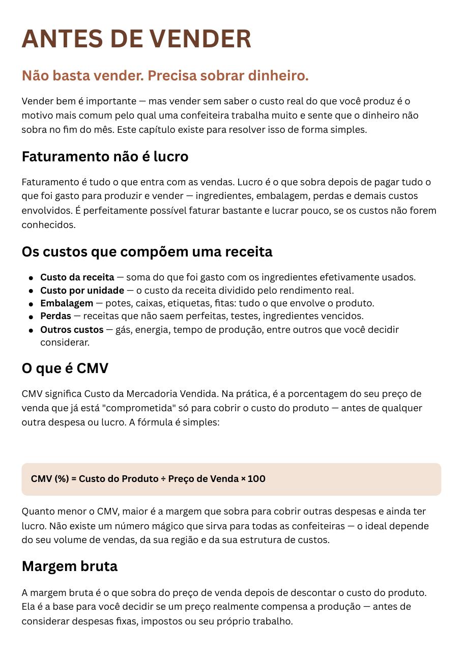 Página sobre custos, CMV e margem bruta
